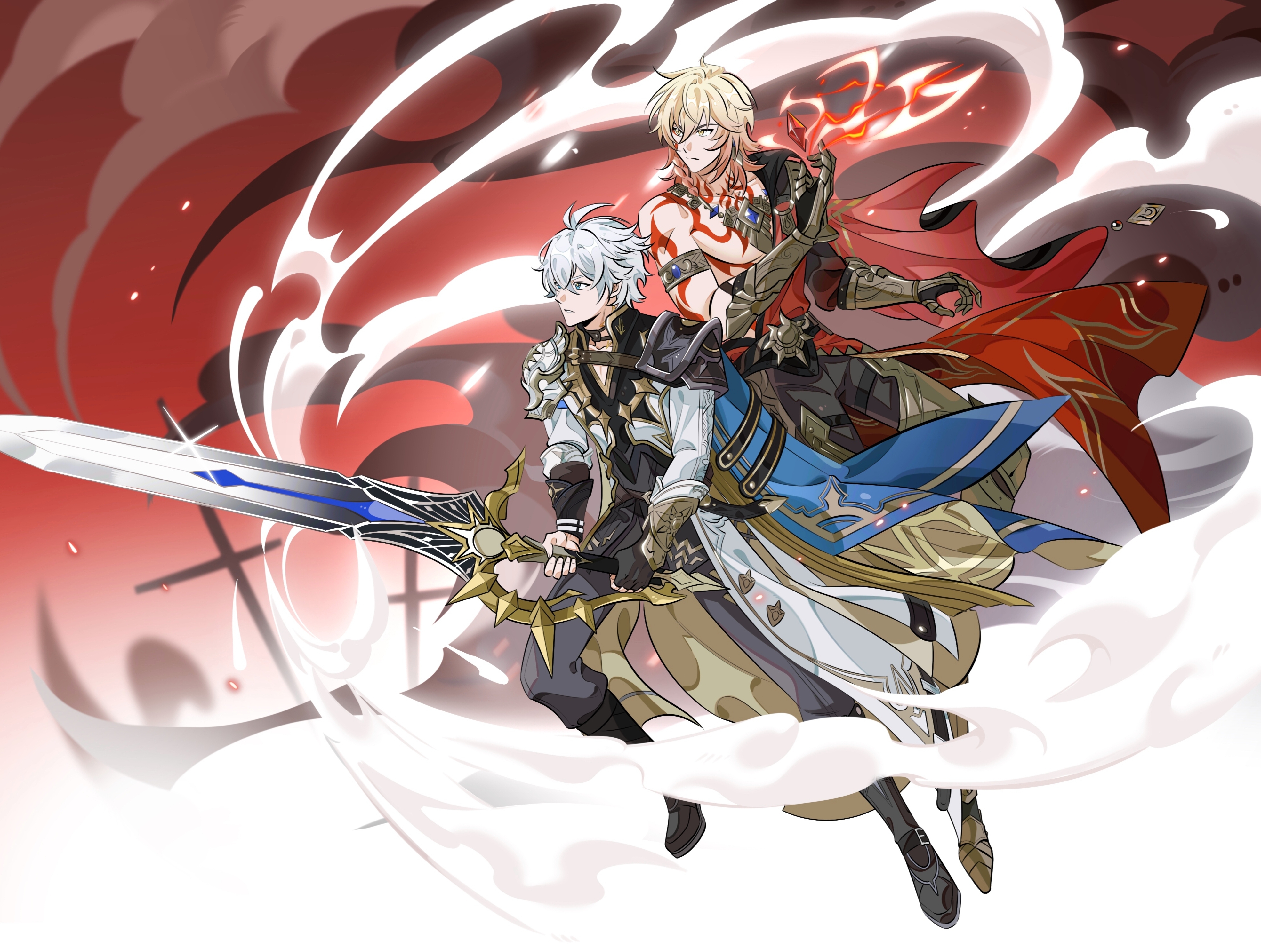 mydei (honkai: star rail), phainon (honkai: star rail), honkai: star rail, honkai (series), absurdres, chinese commentary, commentary request, highres, 2boys, abs, antenna hair, arm tattoo, armlet, armor, black boots, black choker, black coat, black gloves, black pants, black shirt, blonde hair, blue cape, blue eyes, boots, braid, cape, chest tattoo, choker, clawed gauntlets, coat, earrings, facial tattoo, fingerless gloves, floating cape, gloves, gold earrings, gold necklace, gradient hair, hair between eyes, holding, holding sword, holding weapon, jewelry, knee boots, male focus, medium hair, multicolored hair, multiple boys, necklace, open clothes, open coat, pants, pauldrons, red hair, red tattoo, shennaichuan921, shirt, short hair, shoulder armor, side braid, single glove, single pauldron, sword, tattoo, toned, toned male, weapon, white coat, white hair, yellow eyes