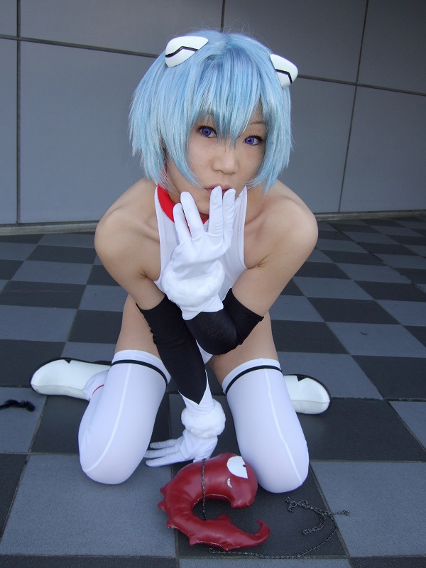 kagura gyokuto, ayanami rei, sandalphon (evangelion), neon genesis evangelion, photo (medium), 1girl, asian, ayanami rei (cosplay), blue hair, cosplay, female focus, kneeling, looking at viewer, mecha pilot suit, plugsuit (evangelion), solo, stuffed animal, stuffed toy, thighhighs