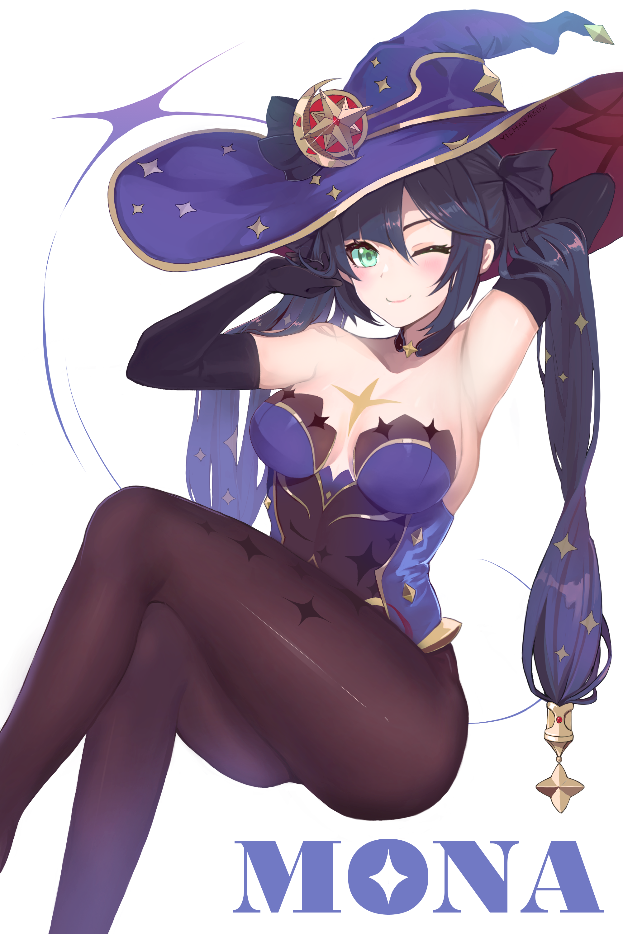 yichenzijihuweijian, mona (genshin impact), genshin impact, absurdres, highres, 1girl, arms up, bare shoulders, black choker, black gloves, black hair, blue leotard, bodystocking, breasts, character name, choker, closed mouth, crossed legs, elbow gloves, gloves, gold trim, gradient hair, green eyes, hat, leotard, long hair, looking at viewer, medium breasts, multicolored hair, purple hair, simple background, smile, solo, thighs, twintails, very long hair, white background, witch hat