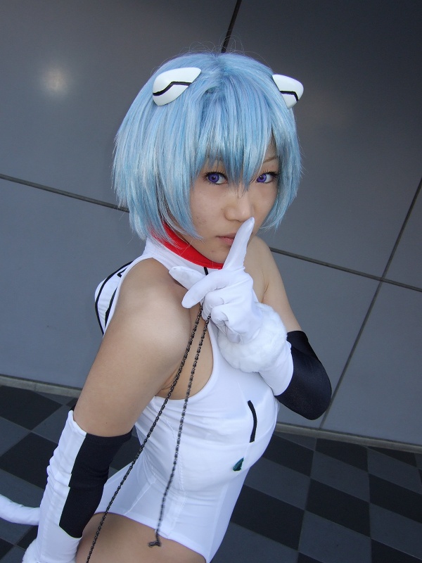 kagura gyokuto, ayanami rei, sandalphon (evangelion), neon genesis evangelion, photo (medium), 1girl, asian, ayanami rei (cosplay), blue hair, cosplay, female focus, mecha pilot suit, plugsuit (evangelion), solo, stuffed animal, stuffed toy, thighhighs