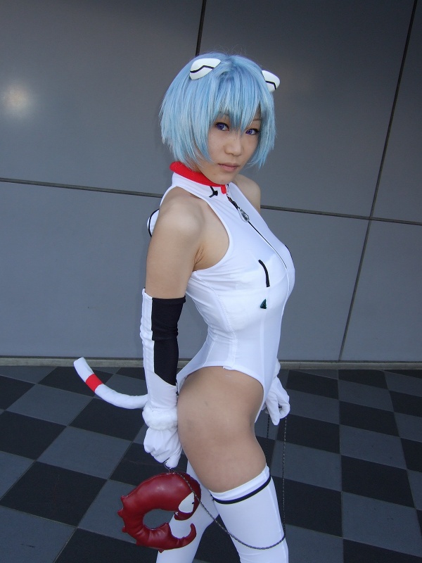 kagura gyokuto, ayanami rei, sandalphon (evangelion), neon genesis evangelion, photo (medium), 1girl, asian, ayanami rei (cosplay), blue hair, cosplay, female focus, mecha pilot suit, plugsuit (evangelion), solo, stuffed animal, stuffed toy, tail, thighhighs