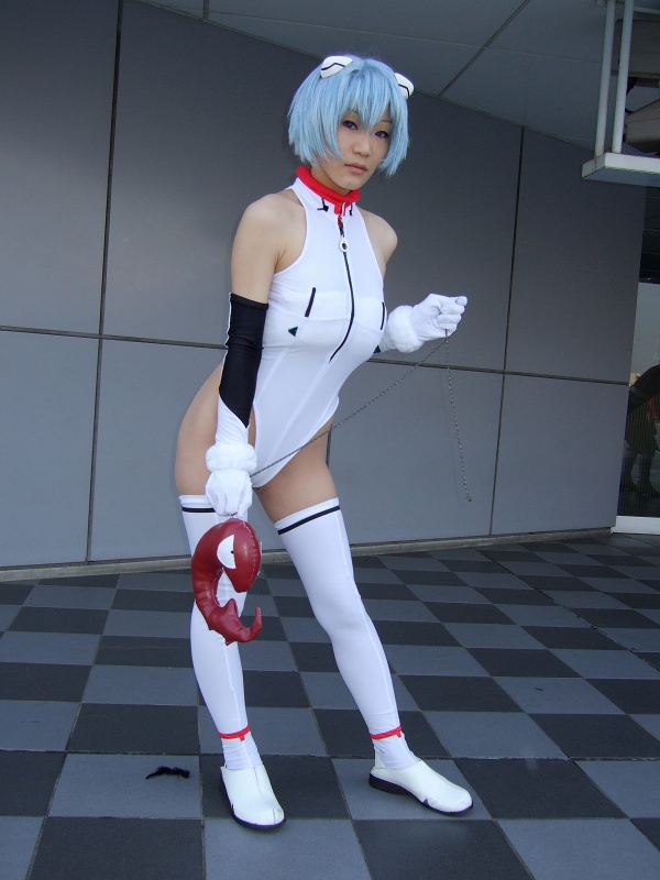 kagura gyokuto, ayanami rei, sandalphon (evangelion), neon genesis evangelion, photo (medium), 1girl, asian, ayanami rei (cosplay), blue hair, cosplay, female focus, mecha pilot suit, plugsuit (evangelion), solo, stuffed animal, stuffed toy, thighhighs