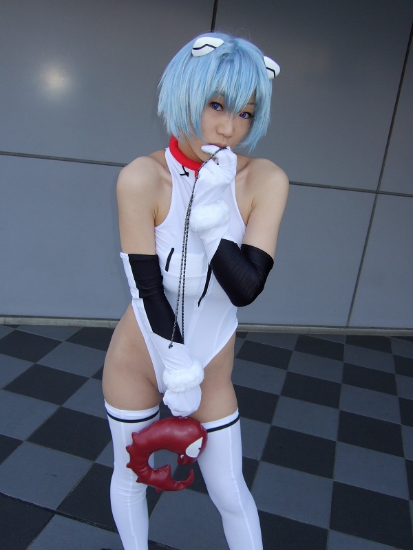 kagura gyokuto, ayanami rei, sandalphon (evangelion), neon genesis evangelion, photo (medium), 1girl, asian, ayanami rei (cosplay), blue hair, cosplay, female focus, mecha pilot suit, plugsuit (evangelion), solo, stuffed animal, stuffed toy, thighhighs