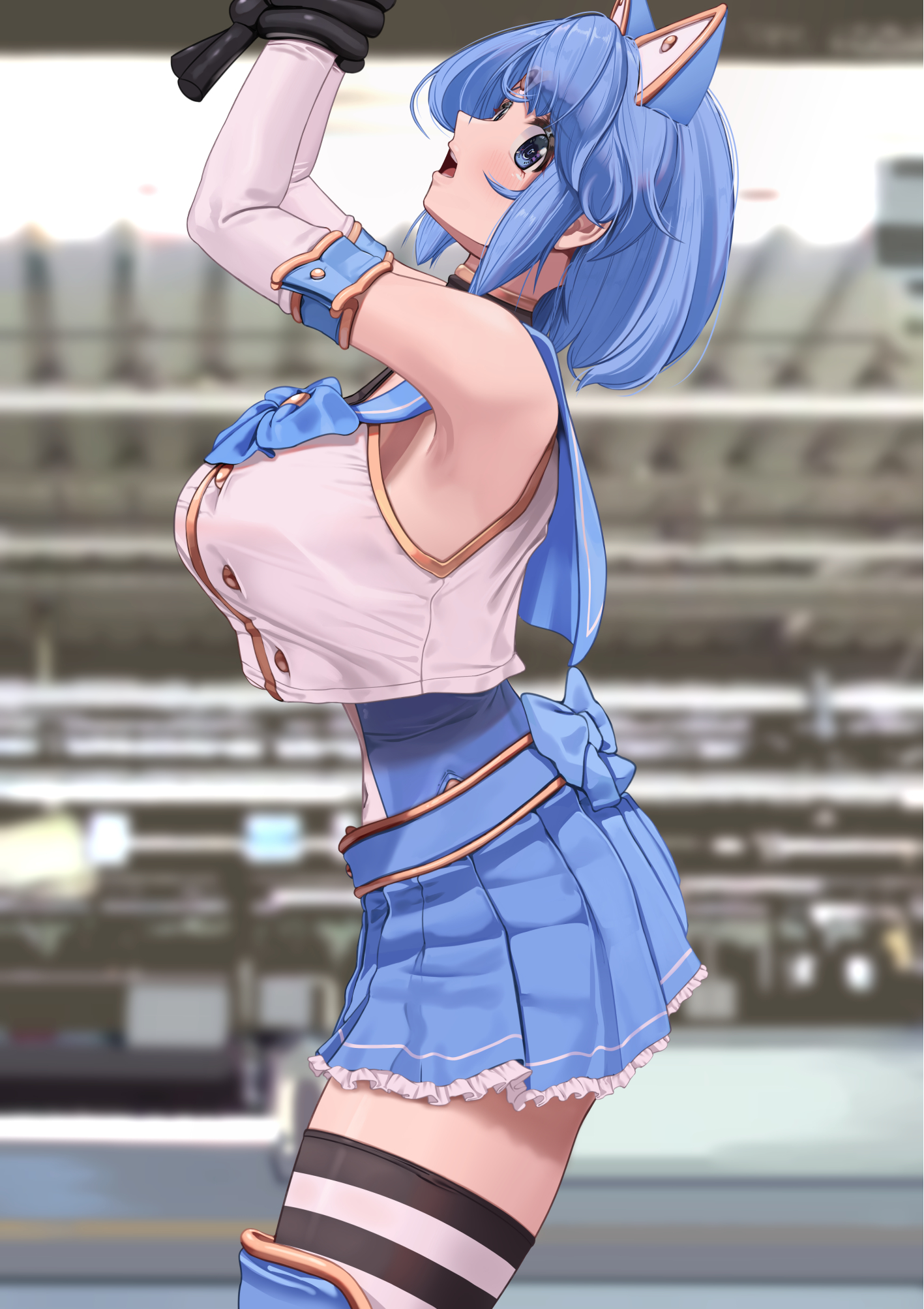chicken (chickenx), original, highres, tagme, 1girl, animal ears, blue hair, fake animal ears, open mouth, school uniform, serafuku, thighhighs