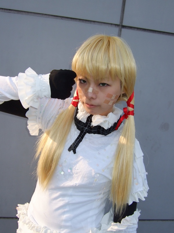 jennifer, kouzuki rin, cloth road, photo (medium), 1girl, apron, asian, bandaid, blonde hair, cosplay, female focus, frills, gloves, hair ribbon, looking at viewer, ribbon, solo, twintails