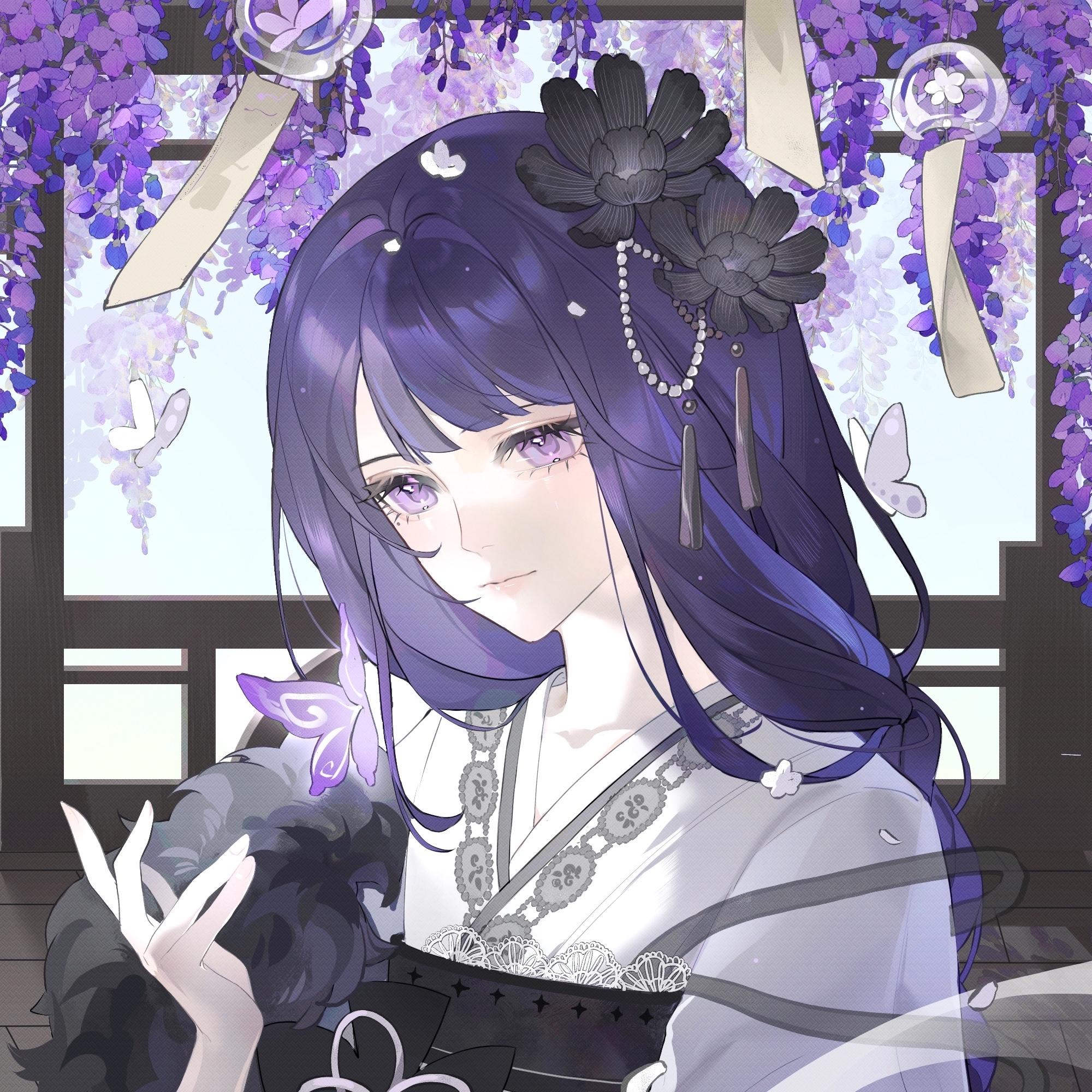 raiden shogun, genshin impact, artist request, chinese commentary, commission, highres, second-party source, 1girl, alternate costume, black flower, black fur, black sash, blue sky, braid, bug, butterfly, closed mouth, collarbone, flower, fur trim, gradient hair, hair flower, hair intakes, hair ornament, happy birthday, indoors, insect, japanese clothes, kimono, long braid, long hair, looking at animal, looking down, mole, mole under eye, multicolored hair, pink lips, purple eyes, purple hair, sash, shade, single braid, sky, solo, streaked hair, upper body, white kimono, wisteria