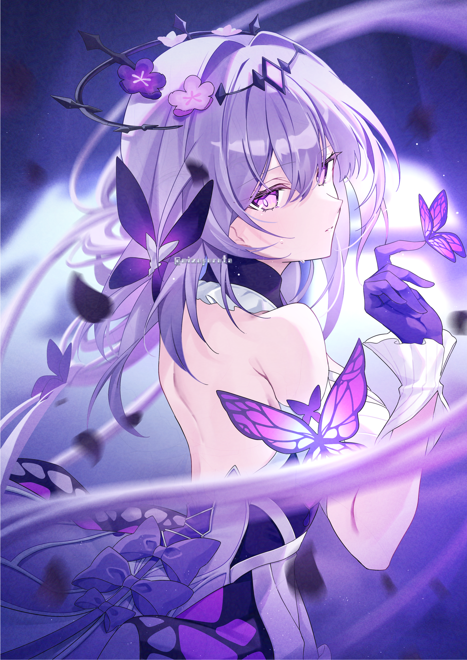 mizupuruta, castorice (honkai: star rail), honkai: star rail, honkai (series), commentary, highres, 1girl, backless dress, backless outfit, black tiara, blurry, blurry background, bow, bug, butterfly, detached sleeves, dress, flower, gloves, hand up, insect, looking at viewer, looking back, parted lips, purple background, purple bow, purple butterfly, purple eyes, purple gloves, purple hair, solo, tiara, twitter username, upper body, white dress