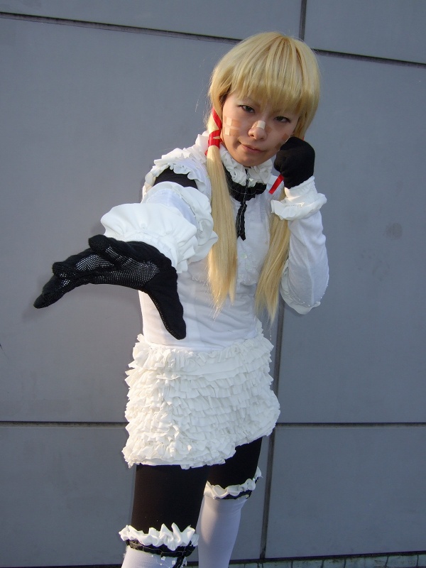 jennifer, kouzuki rin, cloth road, photo (medium), 1girl, apron, asian, bandaid, blonde hair, cosplay, female focus, frills, gloves, hair ribbon, looking at viewer, ribbon, solo, twintails