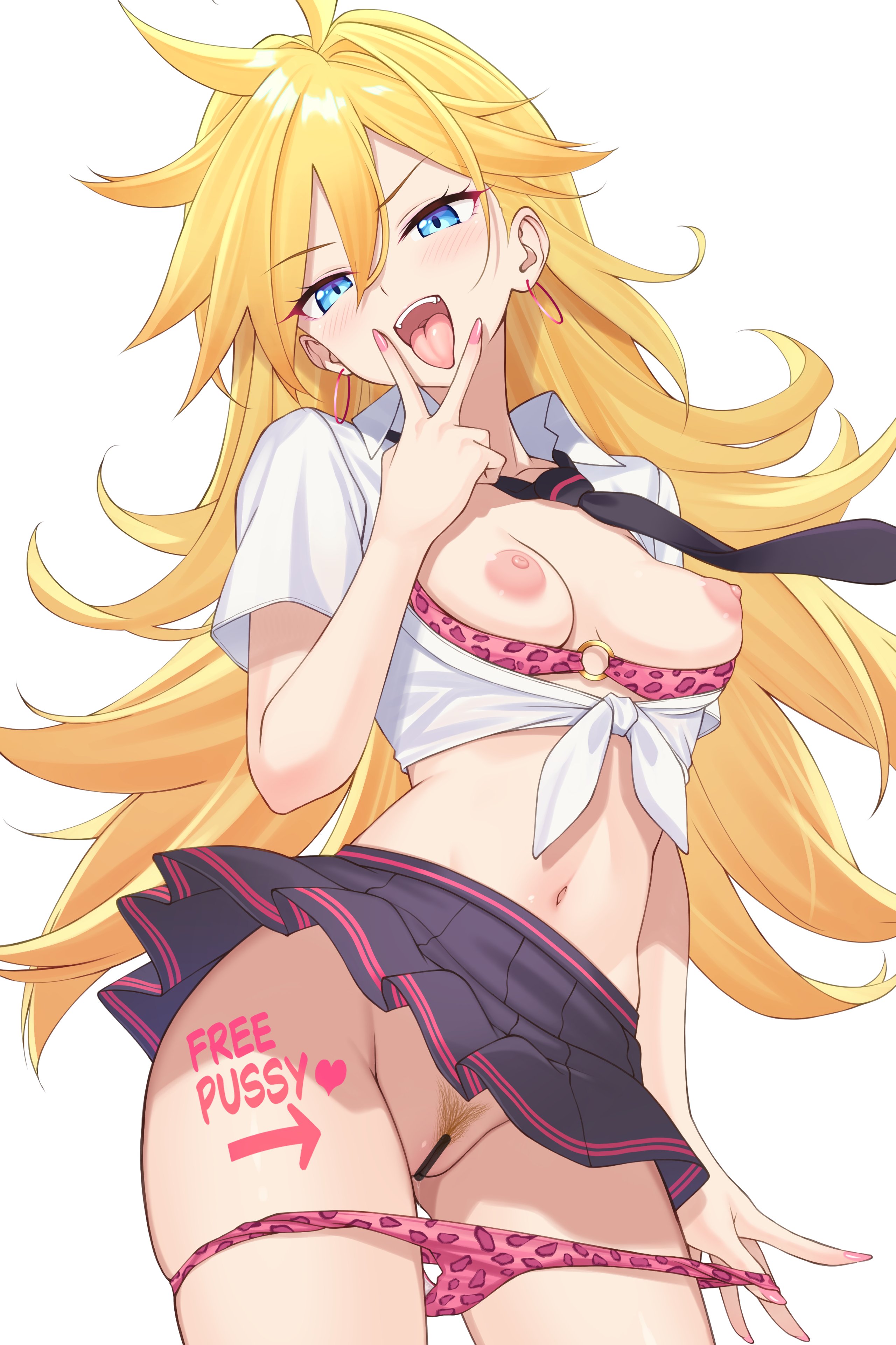 mobukichi, panty (psg), panty & stocking with garterbelt, absurdres, bad link, highres, black necktie, blonde hair, blue eyes, bra, breasts, breasts out, collared shirt, cropped shirt, earrings, female pubic hair, jewelry, long hair, navel, necktie, nipples, o-ring bra, open clothes, open mouth, open shirt, panties, panty pull, pink panties, pleated skirt, pubic hair, purple skirt, pussy, shelf bra, shirt, short sleeves, skirt, standing, underwear, white shirt