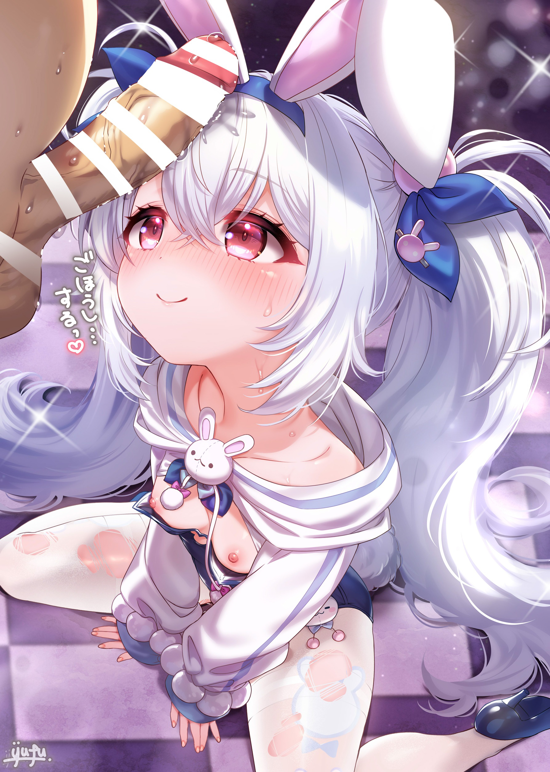 yufukiri, laffey (azur lane), laffey ii (azur lane), azur lane, absurdres, highres, 1girl, animal ears, blush, breasts, censored, large penis, leotard, nipples, pantyhose, penis, playboy bunny, sitting, small breasts, twintails, wariza, white hair, white pantyhose