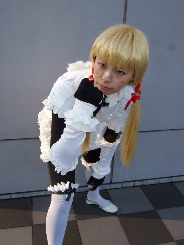 jennifer, kouzuki rin, cloth road, photo (medium), 1girl, apron, asian, bandaid, blonde hair, cosplay, female focus, frills, gloves, hair ribbon, looking at viewer, ribbon, solo, twintails