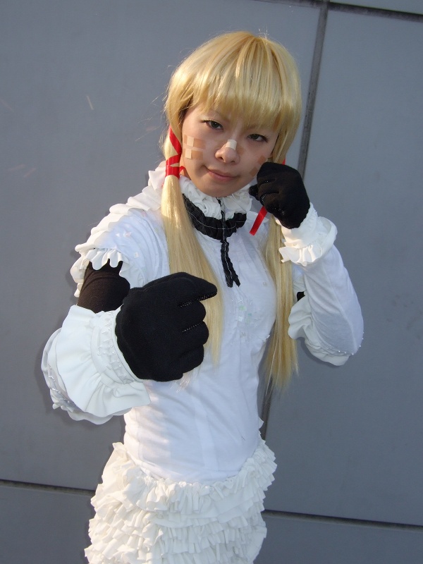 jennifer, kouzuki rin, cloth road, photo (medium), 1girl, apron, asian, cosplay, female focus, frills, gloves, hair ribbon, looking at viewer, ribbon, solo, twintails