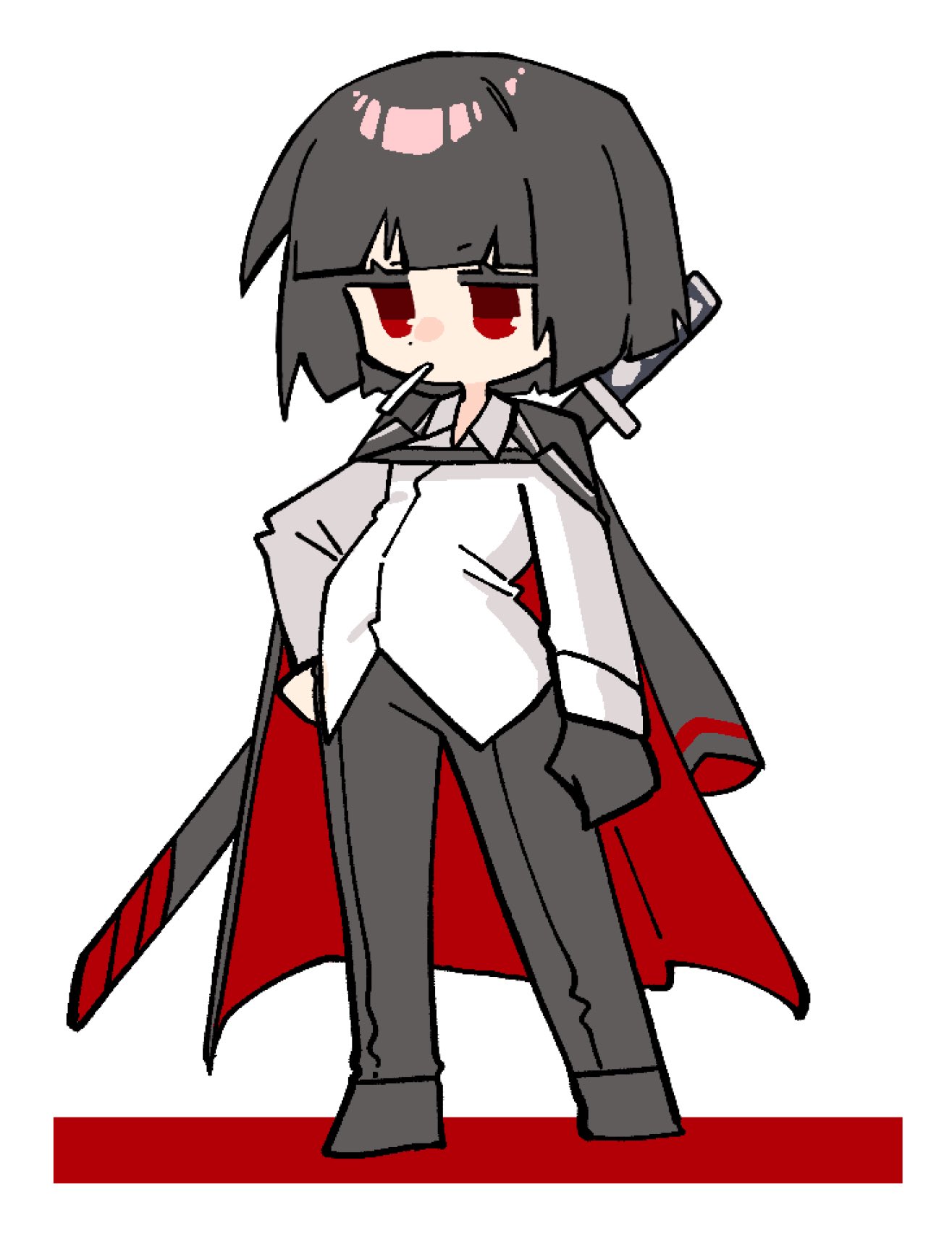 nantekottawo!!, ryoshu (project moon), limbus company, project moon, highres, 1girl, black coat, black gloves, black hair, black pants, black shoes, bob cut, cigarette, coat, coat on shoulders, collared shirt, gloves, long sleeves, ootachi, pants, red eyes, shirt, shoes, short hair, solo, two-sided coat, two-sided fabric, white shirt