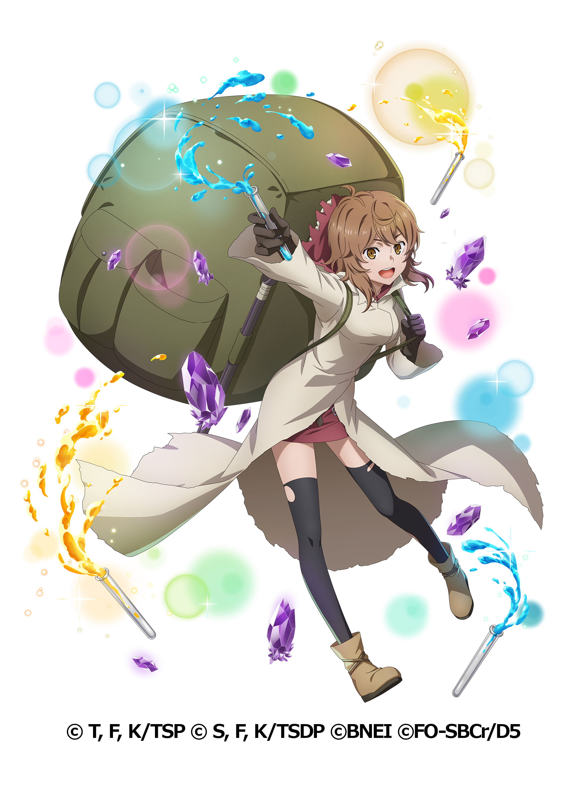 liliruca arde, dungeon ni deai wo motomeru no wa machigatteiru darou ka, tensei shitara slime datta ken, absurdres, artist request, highres, official art, 1girl, backpack, bag, black thighhighs, boots, breasts, brown hair, coat, copyright name, dress, full body, gem, red dress, simple background, small breasts, thighhighs, tube