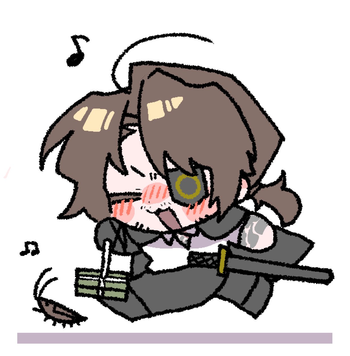 nantekottawo!!, gregor (project moon), kurokumo clan (identity) (project moon), limbus company, project moon, highres, 1boy, :3, black jacket, black pants, brown hair, bug, chibi, cockroach, collared shirt, full body, insect, jacket, katana, low ponytail, open mouth, pants, parted bangs, ponytail, shirt, simple background, smile, solo, sword, weapon, white background, white shirt
