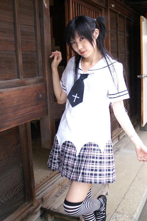 striped, photo (medium), arimura miu, cosplay, school uniform, serafuku, thighhighs, twintails