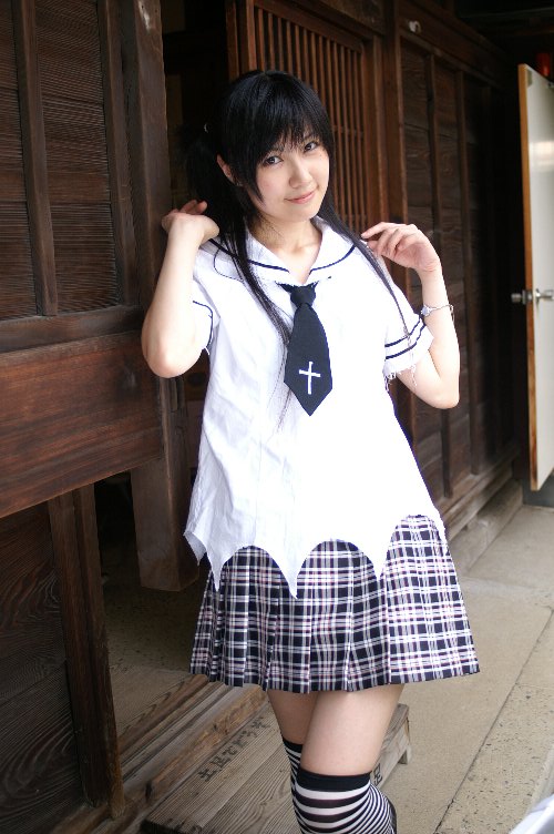 striped, photo (medium), arimura miu, cosplay, school uniform, serafuku, thighhighs, twintails