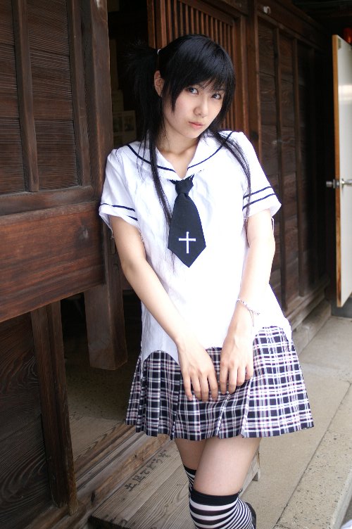 striped, photo (medium), arimura miu, cosplay, school uniform, serafuku, thighhighs, twintails