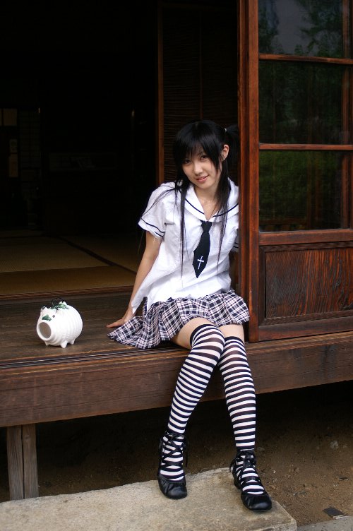 striped, photo (medium), arimura miu, cosplay, school uniform, serafuku, thighhighs, twintails