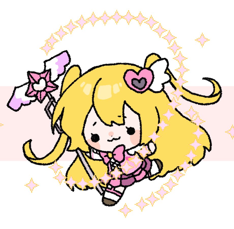 nantekottawo!!, don quixote (project moon), limbus company, project moon, 1girl, :3, arm up, blonde hair, bow, bowtie, chibi, e.g.o (project moon), full body, half updo, hand up, holding, holding wand, in the name of love and hate (e.g.o), long hair, pink bow, pink bowtie, pink skirt, pink vest, simple background, skirt, solo, sparkle, standing, standing on one leg, very long hair, vest, wand, white background