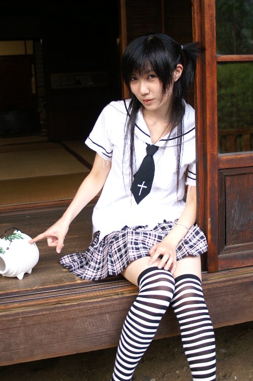 striped, photo (medium), arimura miu, cosplay, school uniform, serafuku, thighhighs, twintails