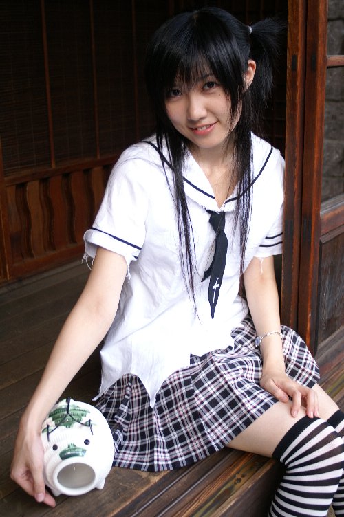 striped, photo (medium), arimura miu, cosplay, school uniform, serafuku, thighhighs, twintails