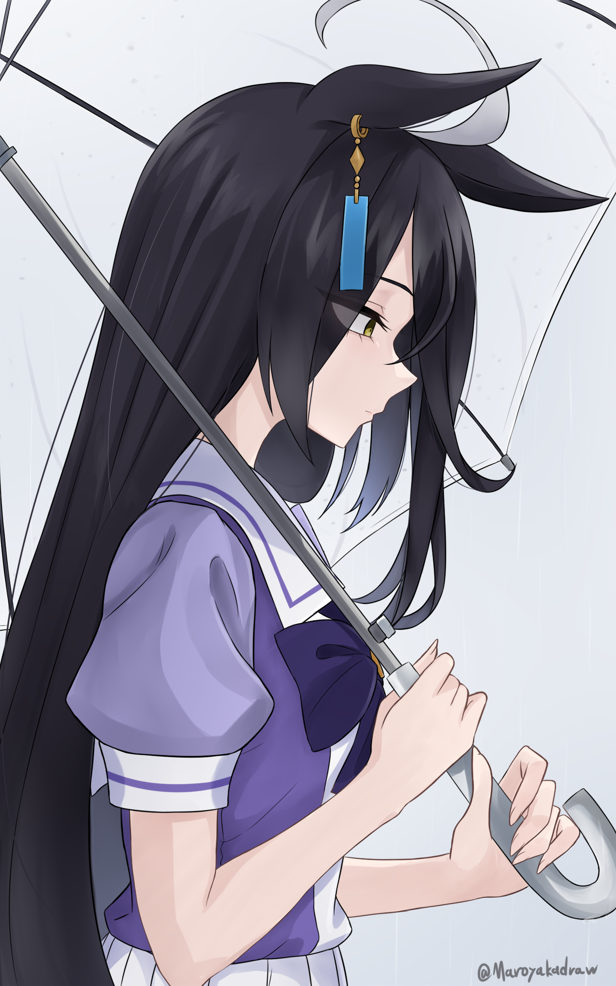 ibuki grunt, manhattan cafe (umamusume), umamusume, highres, 1girl, ahoge, animal ears, black hair, bow, from side, holding, holding umbrella, horse ears, horse girl, purple bow, purple shirt, school uniform, shirt, solo, tracen school uniform, umbrella, yellow eyes