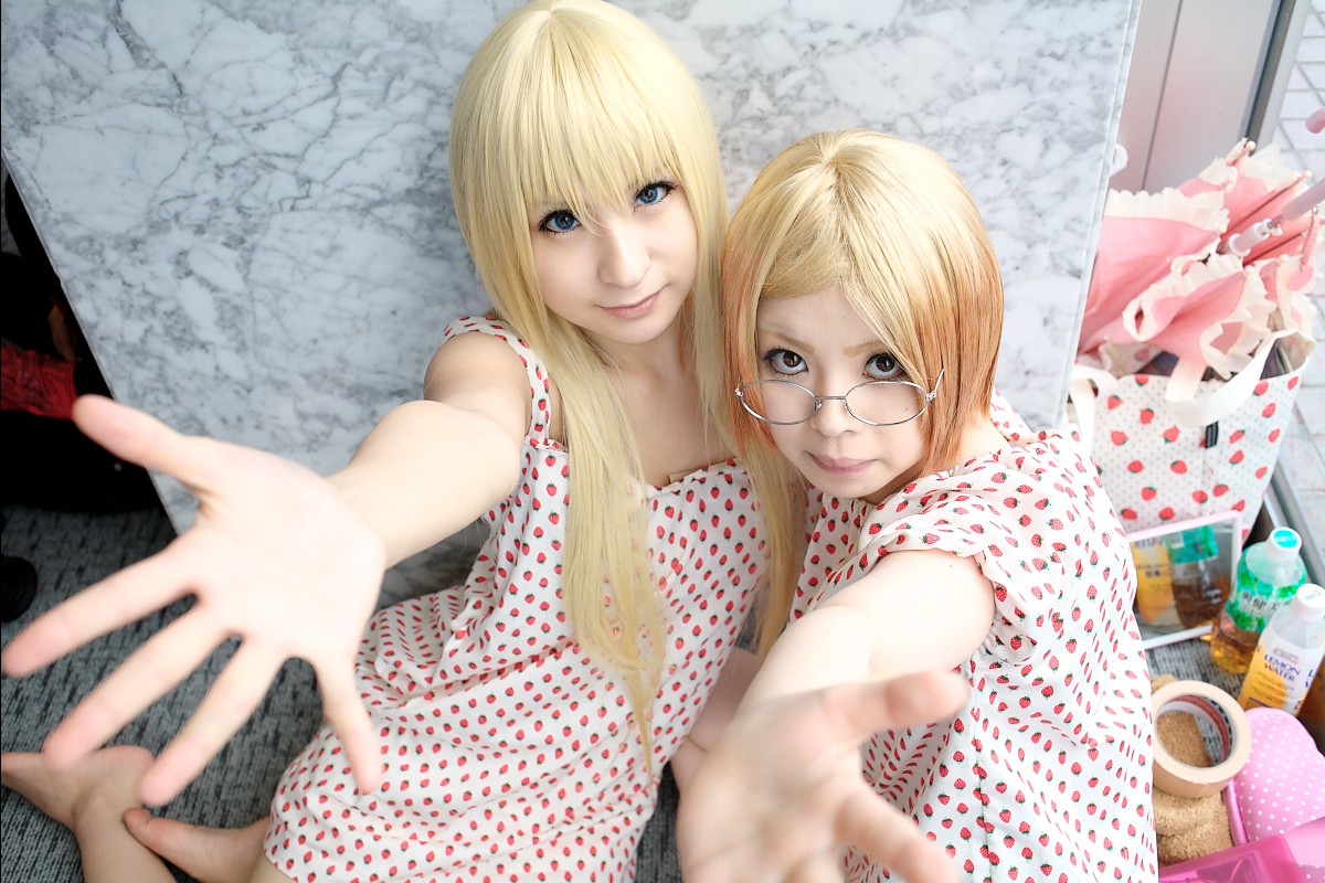 ana coppola, sakuragi matsuri, ichigo mashimaro, photo (medium), amamiya laiko, blonde hair, cosplay, dress, glasses, mamiya tamaki, strawberry pattern