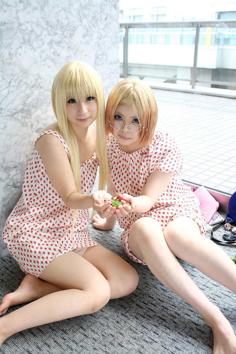 ana coppola, sakuragi matsuri, ichigo mashimaro, highres, photo (medium), amamiya laiko, blonde hair, cosplay, dress, food, fruit, glasses, mamiya tamaki, strawberry, strawberry pattern