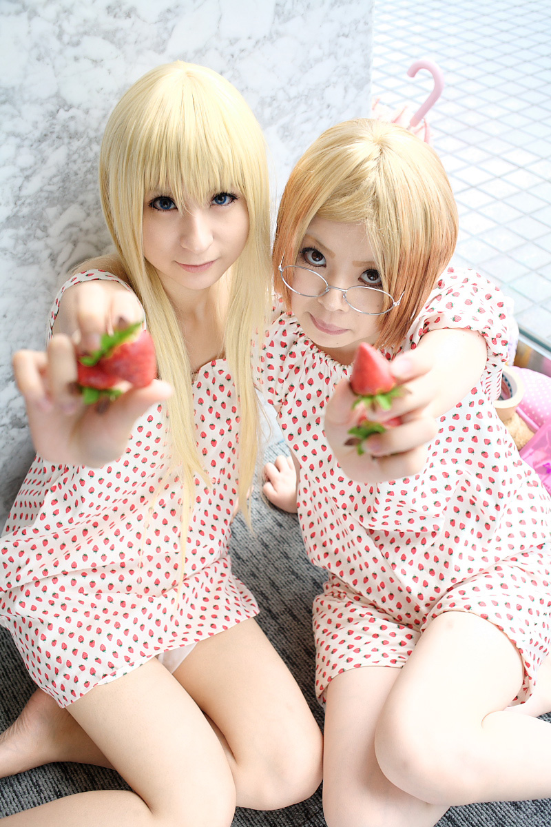 ana coppola, sakuragi matsuri, ichigo mashimaro, highres, photo (medium), amamiya laiko, blonde hair, cosplay, dress, food, fruit, glasses, mamiya tamaki, strawberry, strawberry pattern