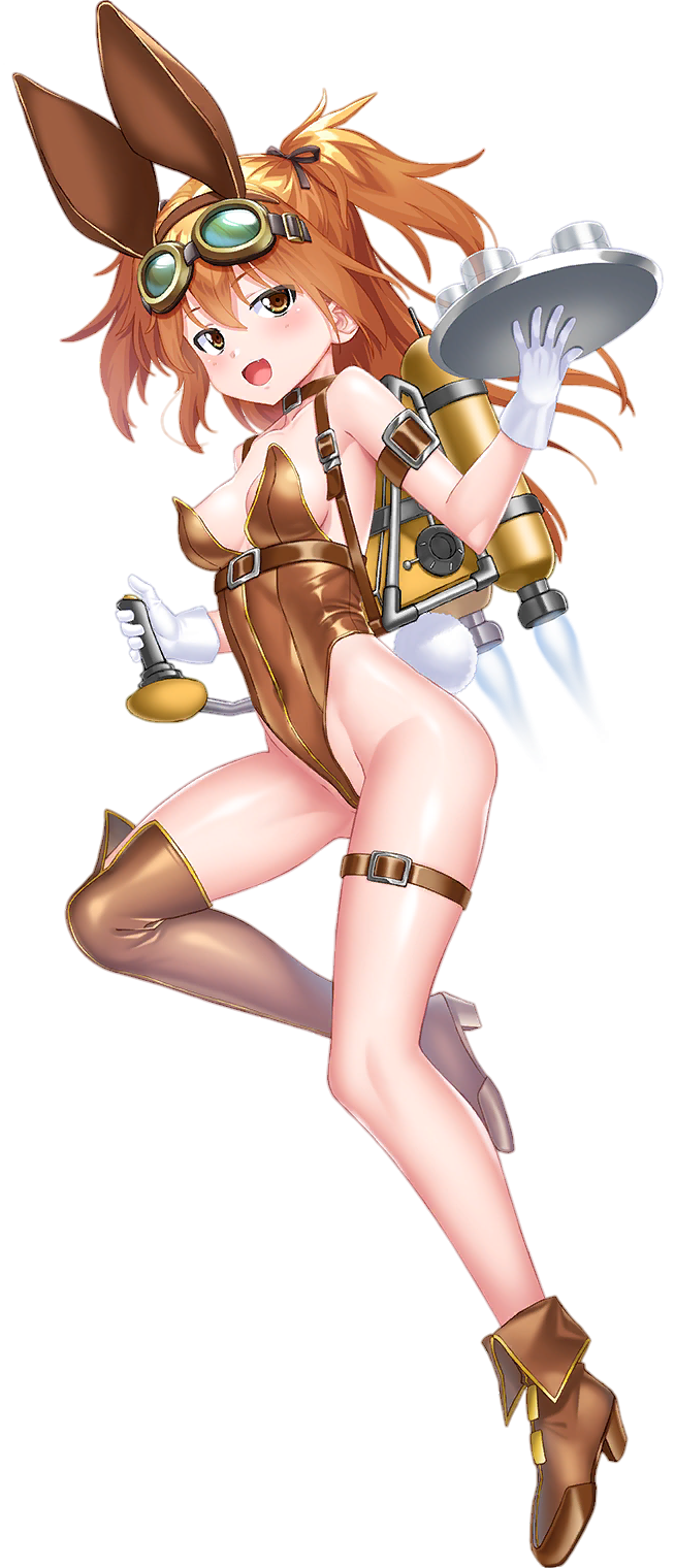 kuuchuu yousai, victoria esta, lilith-soft, taimanin (series), taimanin rpgx, highres, 1girl, alternate hairstyle, animal ears, breasts, brown eyes, brown hair, cleavage, covered navel, curvy, fake animal ears, flying, goggles, goggles on head, highleg, highleg leotard, leotard, long hair, looking at viewer, navel, official alternate costume, playboy bunny, rabbit ears, shiny skin, side ponytail, skirt, small breasts, smile, solo, strapless, strapless leotard, thighhighs, transparent background, weapon, wide hips