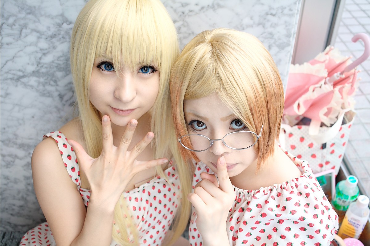 ana coppola, sakuragi matsuri, ichigo mashimaro, photo (medium), amamiya laiko, blonde hair, cosplay, dress, glasses, mamiya tamaki, strawberry pattern