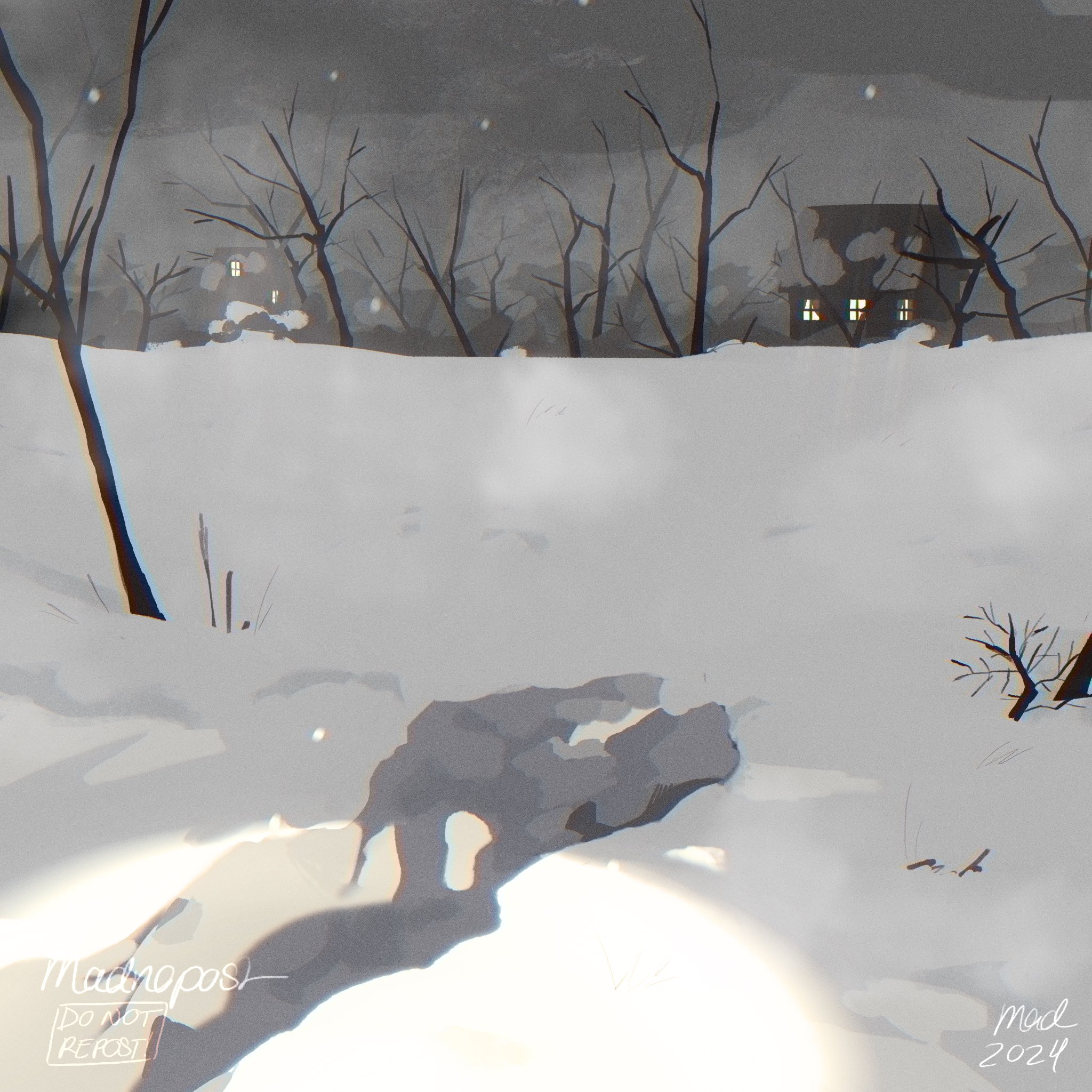madnopost, omori, highres, 2024, alternate universe, artist name, bare tree, cloud, cloudy sky, house, night, no humans, outdoors, scenery, sky, snow, snowing, tree