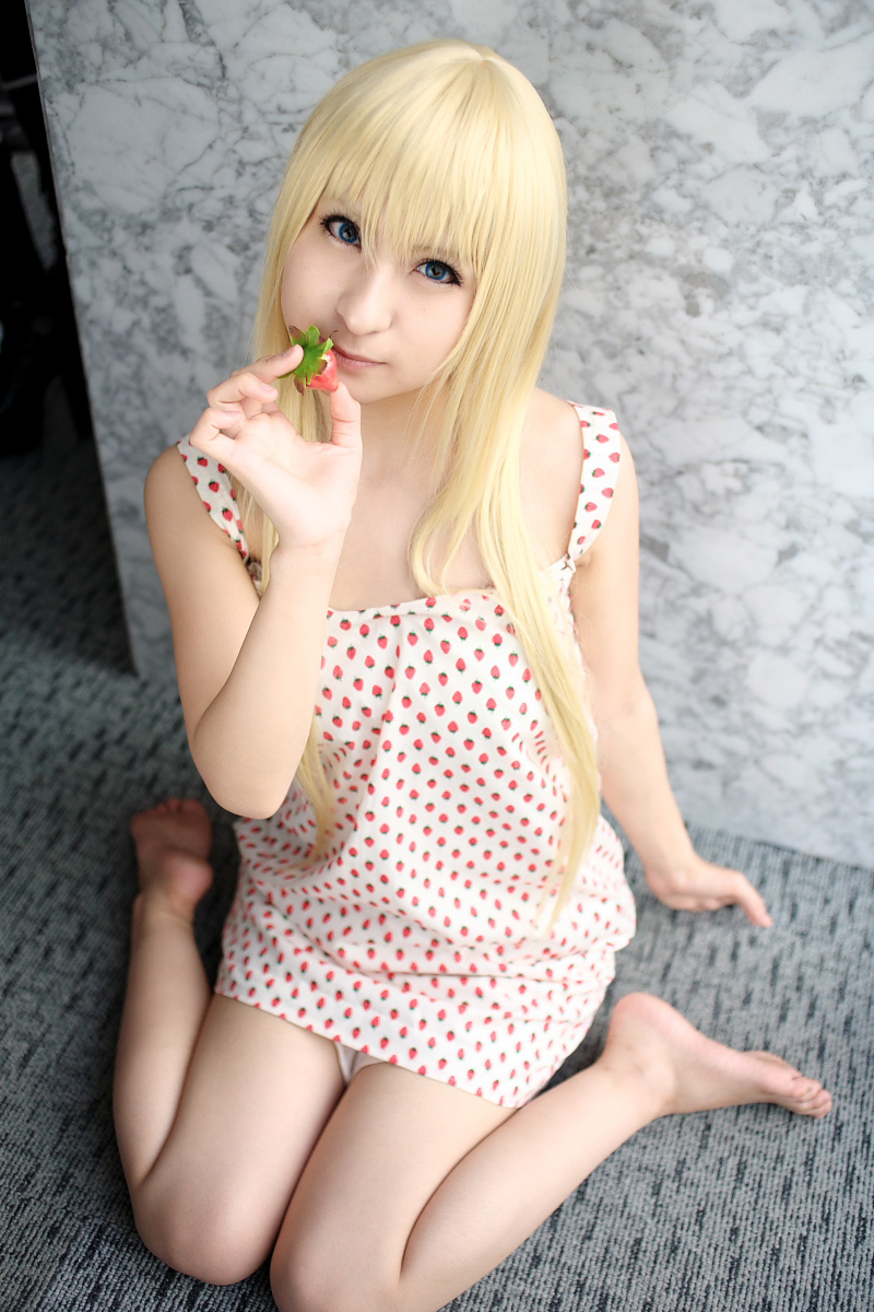 ana coppola, ichigo mashimaro, highres, photo (medium), amamiya laiko, blonde hair, cosplay, dress, food, fruit, strawberry, strawberry pattern