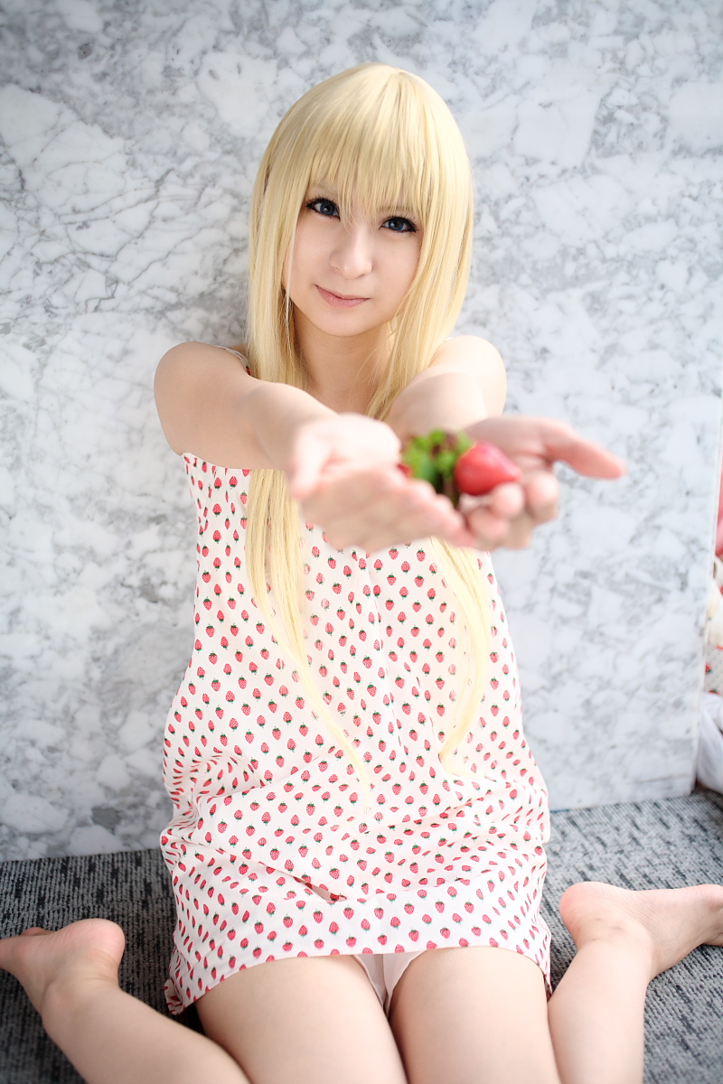 ana coppola, ichigo mashimaro, highres, photo (medium), amamiya laiko, blonde hair, cosplay, dress, food, fruit, strawberry, strawberry pattern