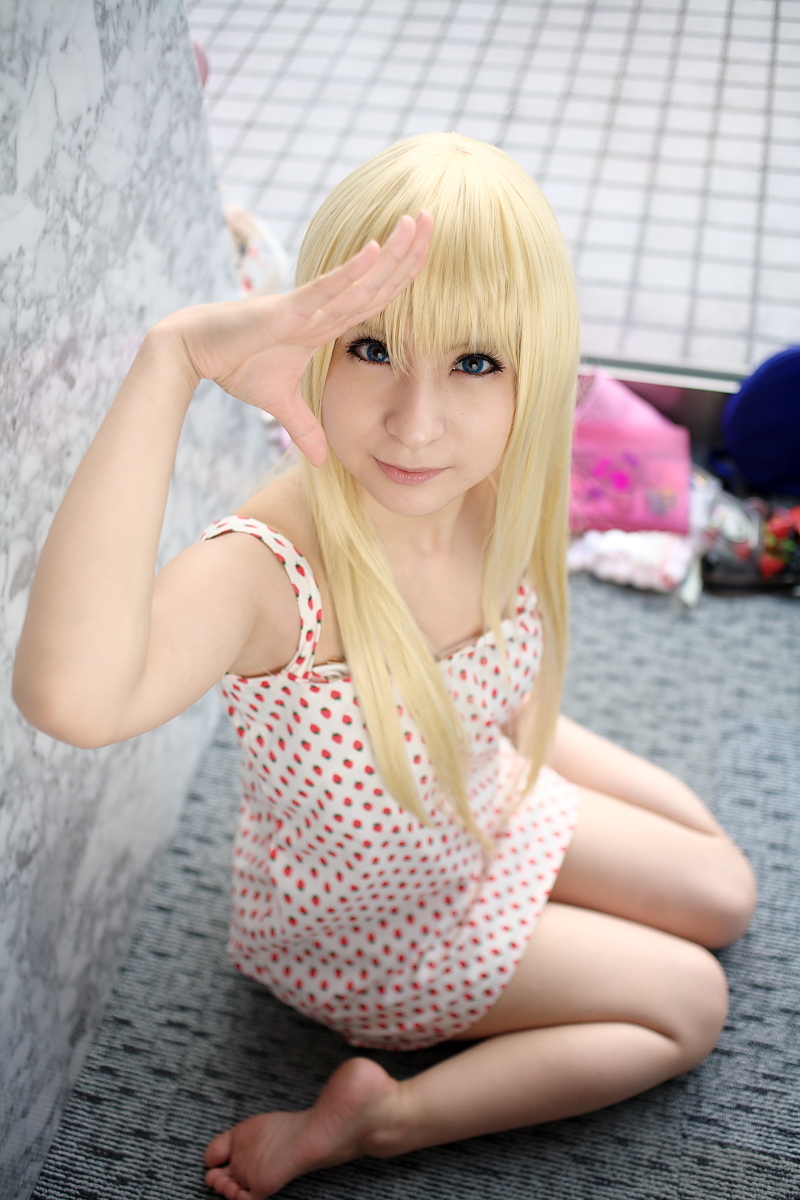 ana coppola, ichigo mashimaro, highres, photo (medium), amamiya laiko, blonde hair, cosplay, dress, strawberry pattern