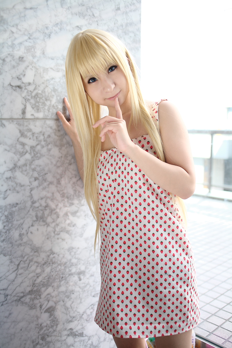 ana coppola, ichigo mashimaro, highres, photo (medium), amamiya laiko, blonde hair, cosplay, dress, strawberry pattern