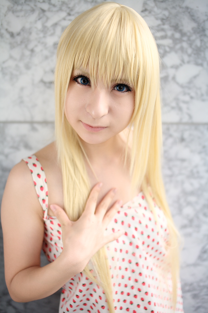 ana coppola, ichigo mashimaro, highres, photo (medium), amamiya laiko, blonde hair, cosplay, dress, strawberry pattern, uncanny valley