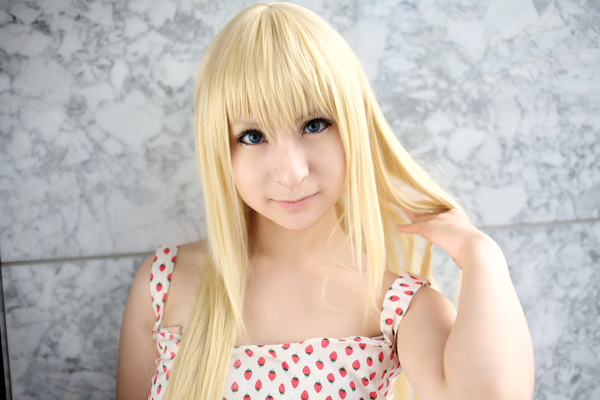 ana coppola, ichigo mashimaro, photo (medium), amamiya laiko, blonde hair, cosplay, dress, strawberry pattern