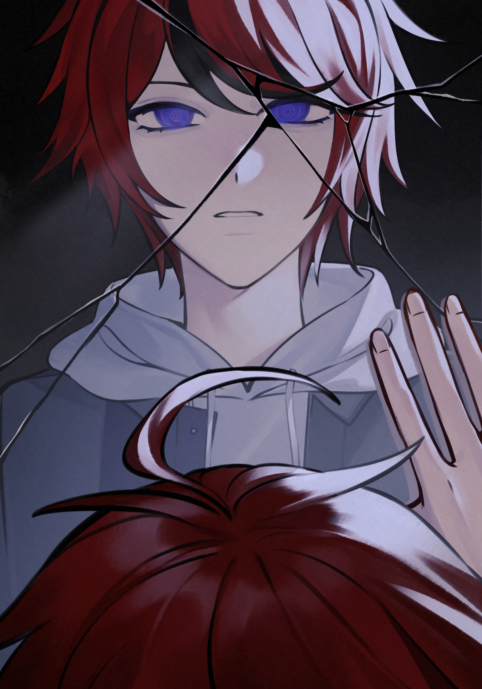 sumino takumi, the hundred line -last defense academy-, chinese commentary, commentary request, highres, variant set, 1boy, ahoge, black streaks, blue eyes, broken mirror, grey jacket, hand on mirror, hanhanxinghe, hood, hoodie, jacket, jacket over hoodie, looking at mirror, male focus, mirror, multicolored hair, open clothes, open jacket, red hair, reflection, reflection focus, ringed eyes, short hair, solo, streaked hair, white hoodie