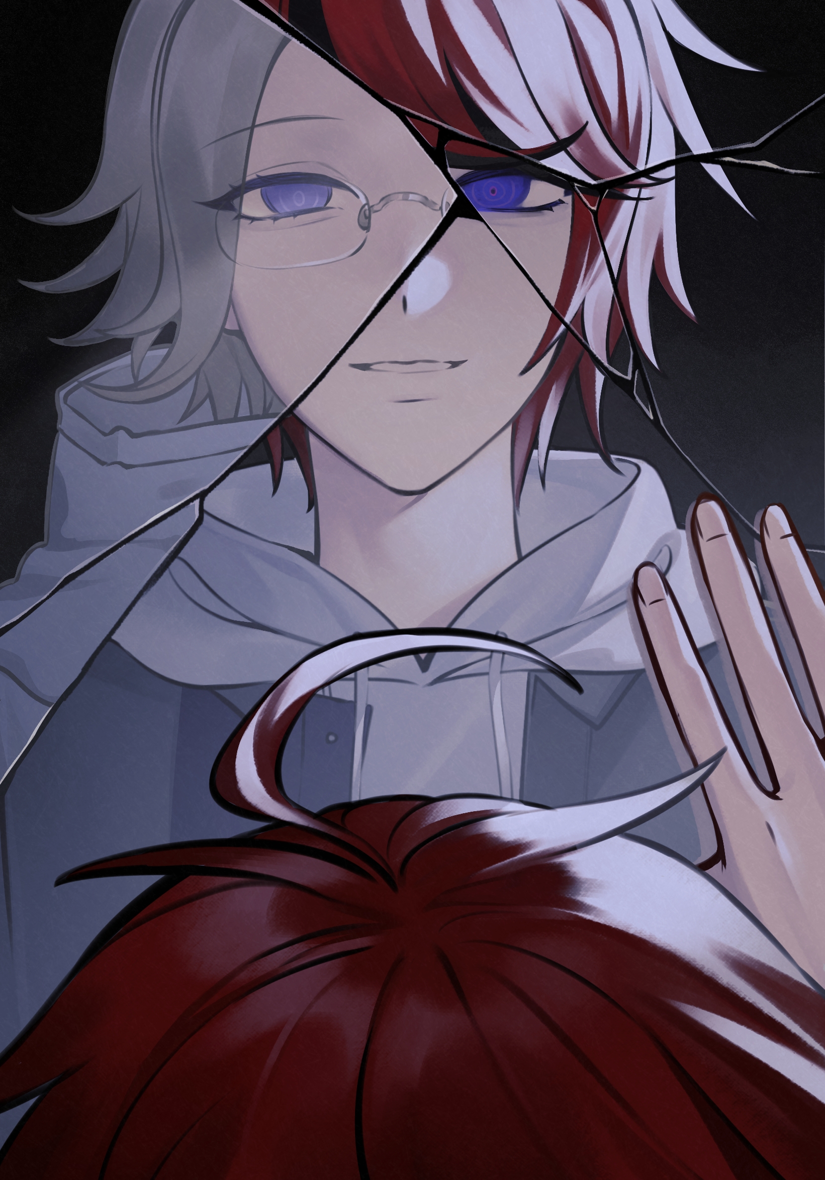 aotsuki eito, sumino takumi, the hundred line -last defense academy-, chinese commentary, commentary request, highres, variant set, 2boys, ahoge, black streaks, blue eyes, broken mirror, different reflection, glasses, grey hair, grey jacket, grin, hand on mirror, hanhanxinghe, hood, hoodie, jacket, jacket over hoodie, looking at mirror, male focus, mirror, multicolored hair, multiple boys, open clothes, open jacket, purple eyes, red hair, reflection, reflection focus, ringed eyes, short hair, smile, streaked hair, white hoodie, white jacket