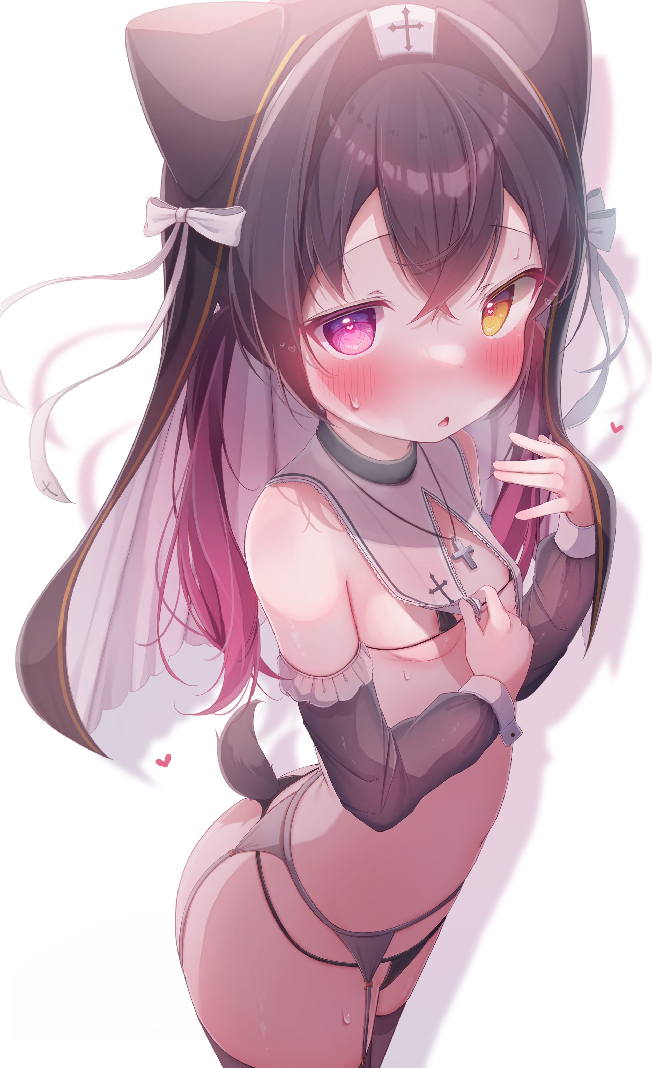 komugi (2212), original, absurdres, character request, highres, 1girl, animal ear headwear, bikini, black bikini, black hair, black sleeves, black thighhighs, black veil, blush, breasts, collar, collar lift, cowboy shot, cross, cross necklace, crossed bangs, fake animal ears, fang, garter belt, gradient hair, grey garter belt, guimpe, heart, heart-shaped pupils, heavy breathing, heterochromia, jewelry, lifting own clothes, long hair, looking at viewer, loving aura, low twintails, micro bikini, multicolored hair, necklace, nun, pink eyes, pink hair, raised eyebrows, ribbon, see-through clothes, see-through sleeves, shadow, skin fang, small breasts, standing, sweat, swimsuit, symbol-shaped pupils, tail, thighhighs, thong bikini, triangle mouth, twintails, veil, white background, white collar, white ribbon, yellow eyes
