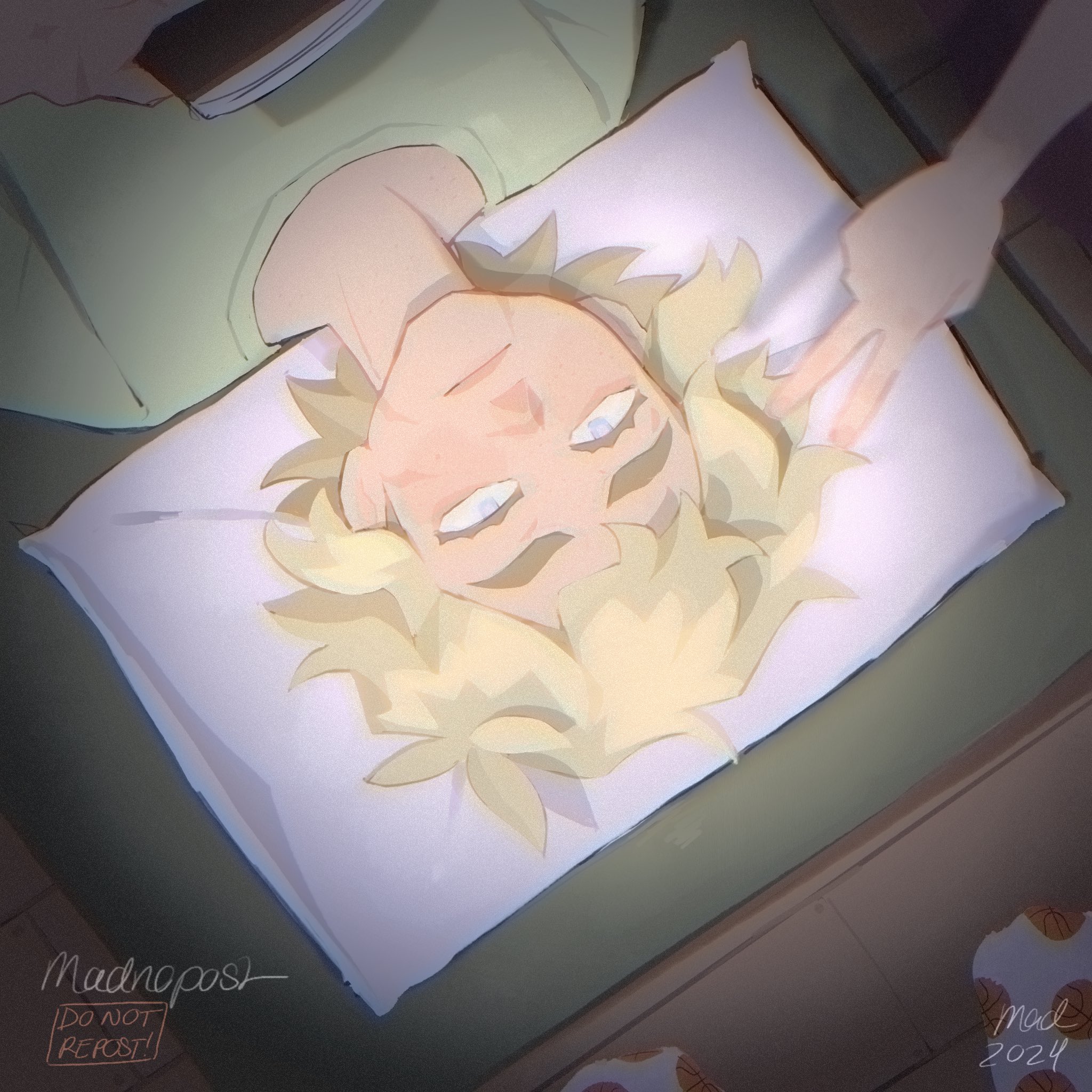 madnopost, basil (faraway) (omori), basil (omori), omori, highres, 1boy, 1other, 2024, alternate universe, antenna hair, artist name, blonde hair, blue eyes, book, closed mouth, disembodied hand, facial scar, green shirt, head on pillow, holding, holding book, male focus, pillow, scar, scar on cheek, scar on face, scar on hand, scar on nose, shirt, short hair, upside-down, v