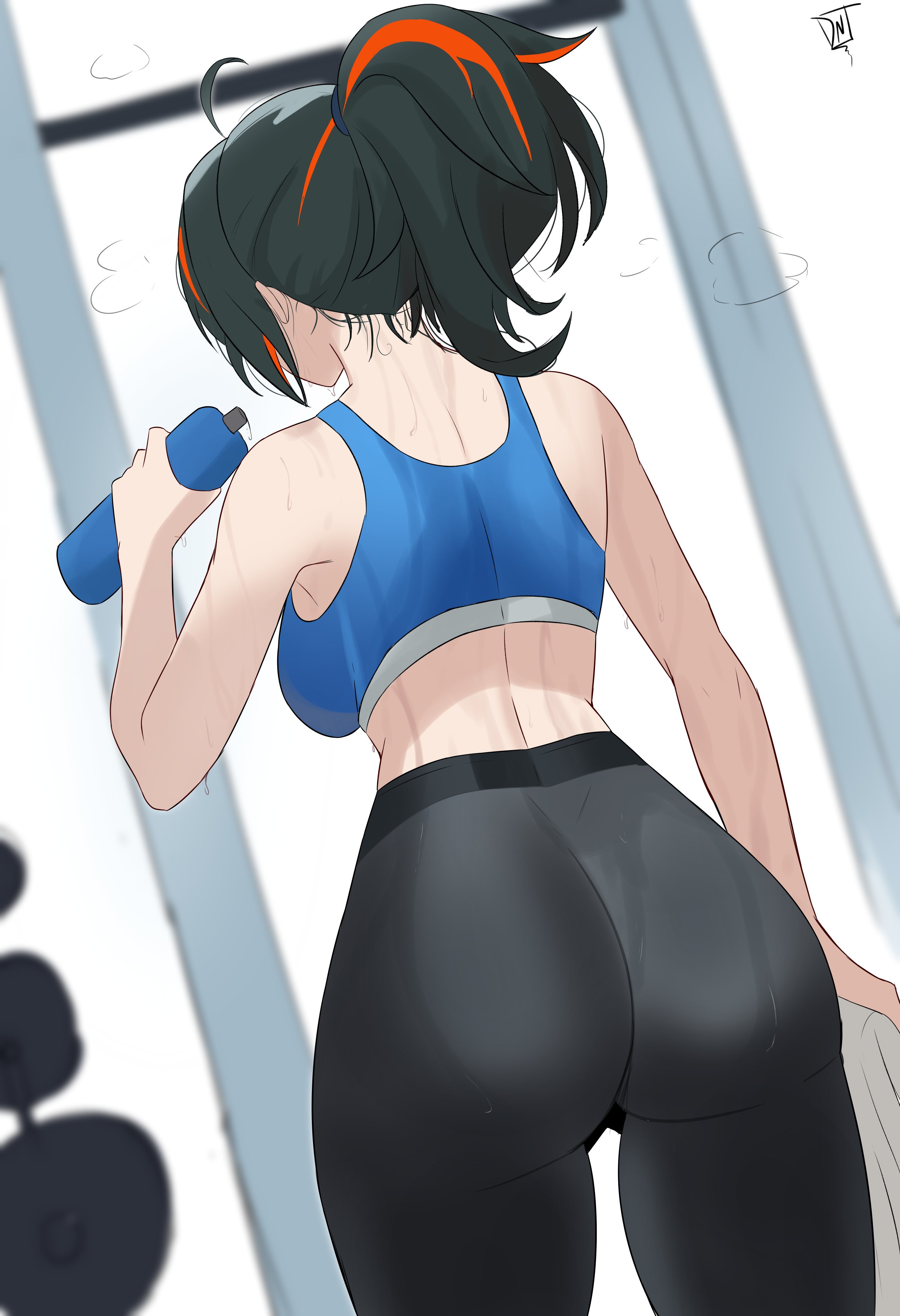 lorddantesito, zhu yuan, zenless zone zero, absurdres, commentary, highres, 1girl, alternate costume, ass, black hair, black leggings, blue tank top, bottle, breasts, from behind, holding, holding bottle, large breasts, leggings, multicolored hair, nape, ponytail, red hair, solo, streaked hair, sweat, tank top, very sweaty