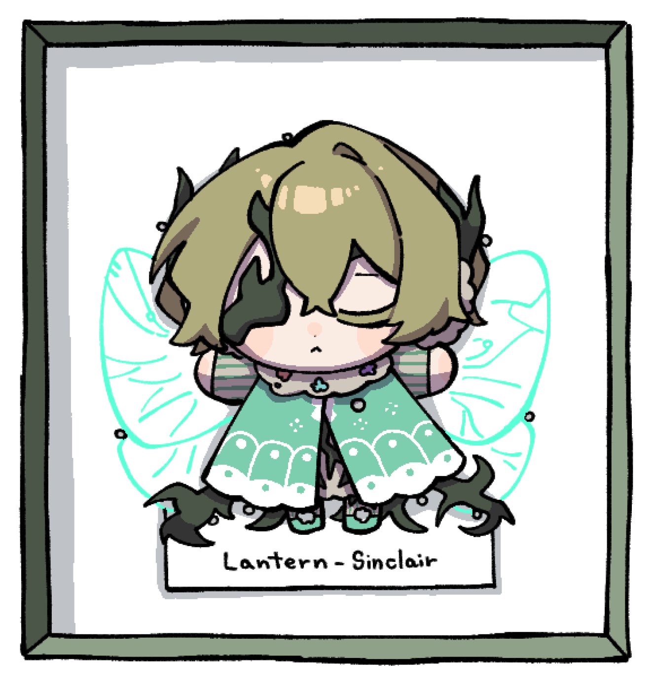 nantekottawo!!, sinclair (project moon), limbus company, project moon, highres, 1boy, aqua cape, aqua flower, aqua shoes, blonde hair, bug, butterfly, cape, chibi, dress, e.g.o (project moon), flower, hands up, insect, lantern (e.g.o), pink flower, plant, plant roots, purple flower, shoes, solo, white dress