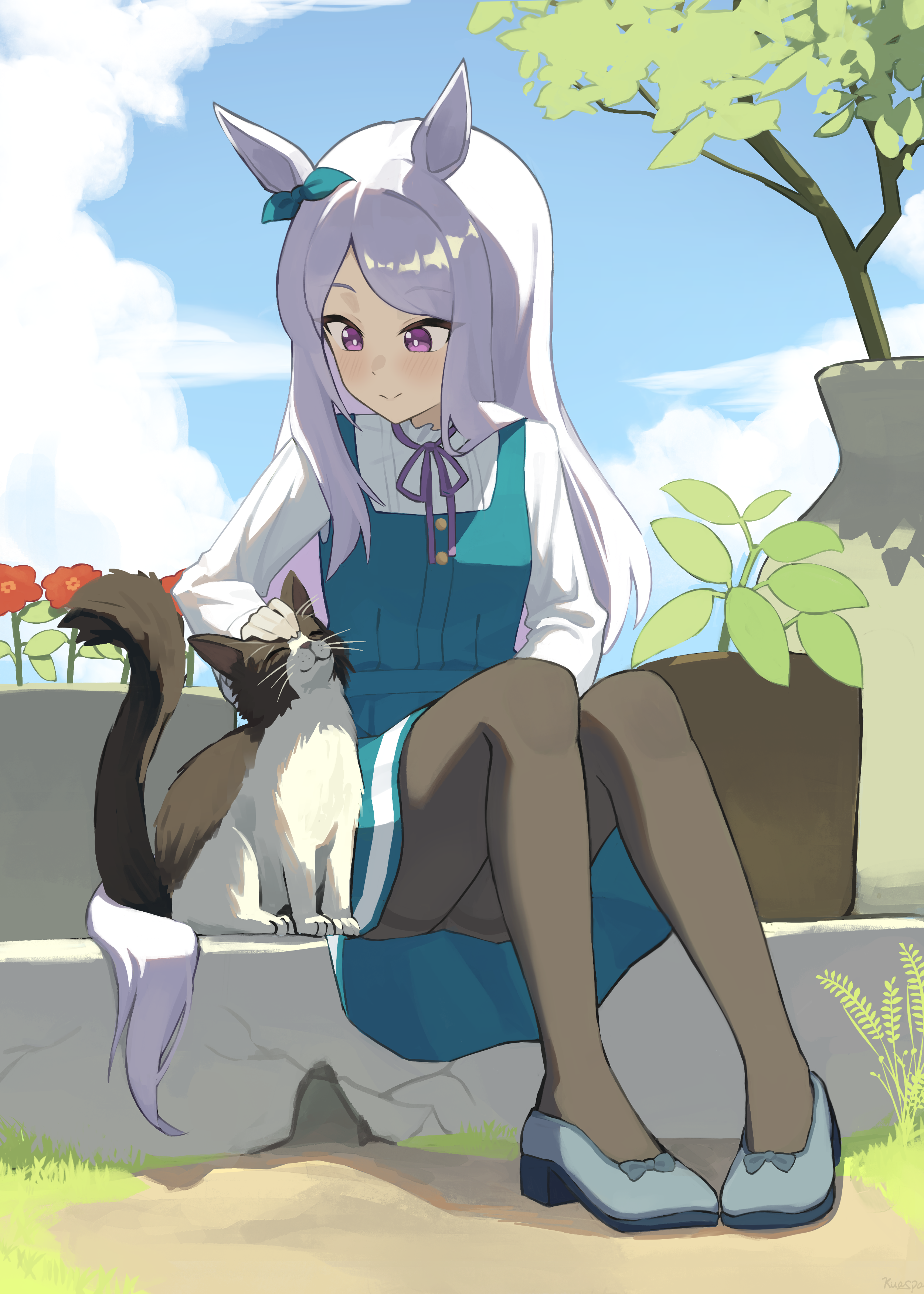 kuaspa, mejiro mcqueen (umamusume), umamusume, absurdres, highres, 1girl, animal ears, black pantyhose, blue dress, blue shoes, blush, cat, closed mouth, dress, horse ears, horse girl, horse tail, looking at animal, pantyhose, petting, purple eyes, purple hair, purple ribbon, ribbon, shirt, shoes, sitting, smile, solo, tail, thighband pantyhose, white shirt