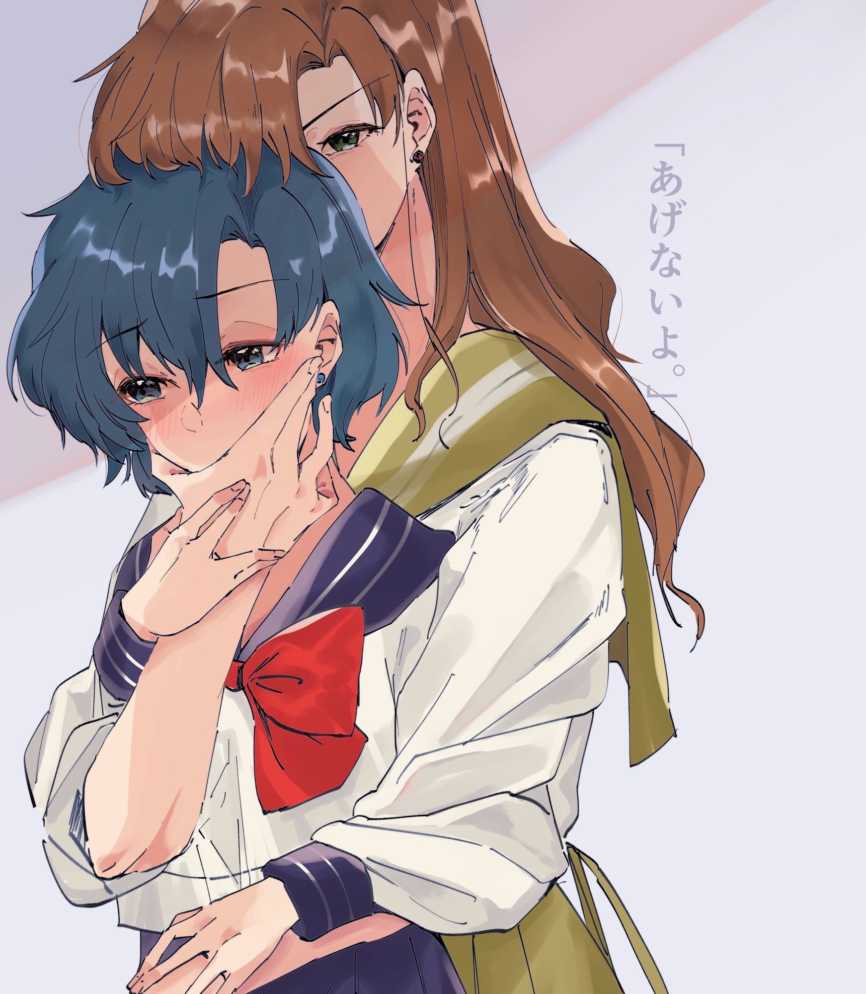 kayumikayumi, kino makoto, mizuno ami, bishoujo senshi sailor moon, commentary request, highres, translation request, 2girls, black sailor collar, blue eyes, blue hair, blush, bow, bowtie, brown hair, earrings, green sailor collar, green skirt, hand on another's face, holding another's wrist, holding hands, jewelry, multiple girls, pleated skirt, red bow, red bowtie, sailor collar, school uniform, serafuku, shirt, short hair, skirt, stud earrings, white shirt, yuri