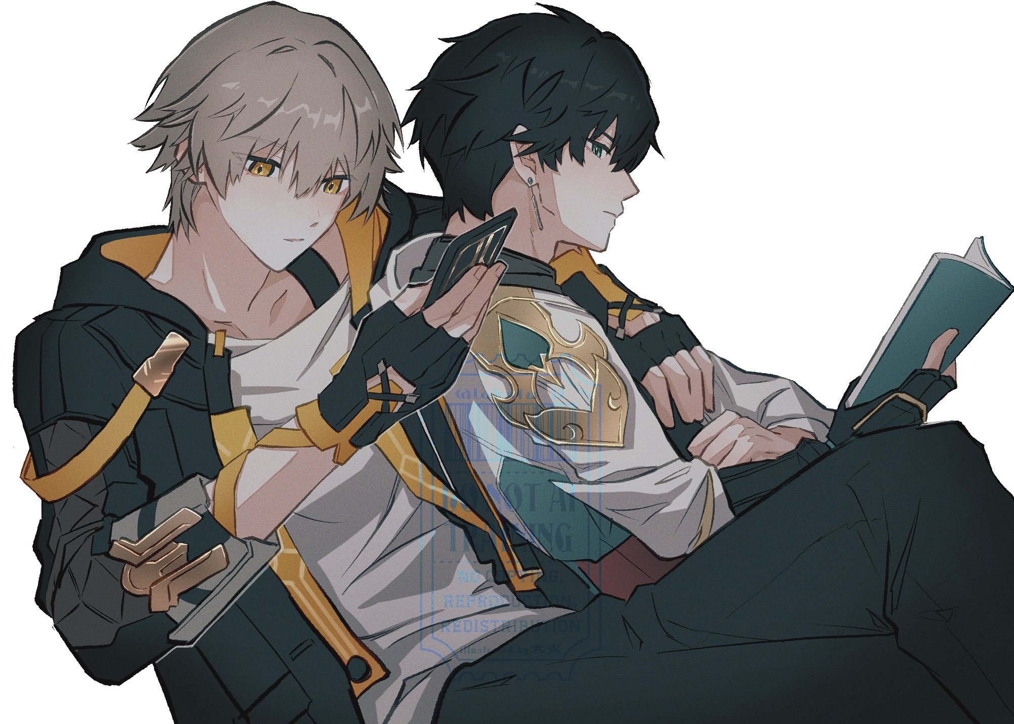 tokofu u, caelus (honkai: star rail), dan heng (honkai: star rail), dan heng (hunt) (honkai: star rail), trailblazer (honkai: star rail), honkai: star rail, honkai (series), commentary request, highres, 2boys, aqua eyes, arm around neck, black coat, black gloves, black hair, black pants, black shirt, book, cellphone, chinese clothes, closed mouth, coat, collarbone, crossed legs, earrings, fingerless gloves, gloves, grey hair, hair between eyes, hand up, holding, holding book, holding phone, hood, hooded coat, jewelry, lapels, long sleeves, looking at object, looking at phone, male focus, multiple boys, open book, open clothes, open coat, pants, phone, reading, shirt, short hair, simple background, single earring, sitting, smartphone, t-shirt, two-sided coat, two-sided fabric, watermark, white background, white coat, white shirt, yellow coat, yellow eyes