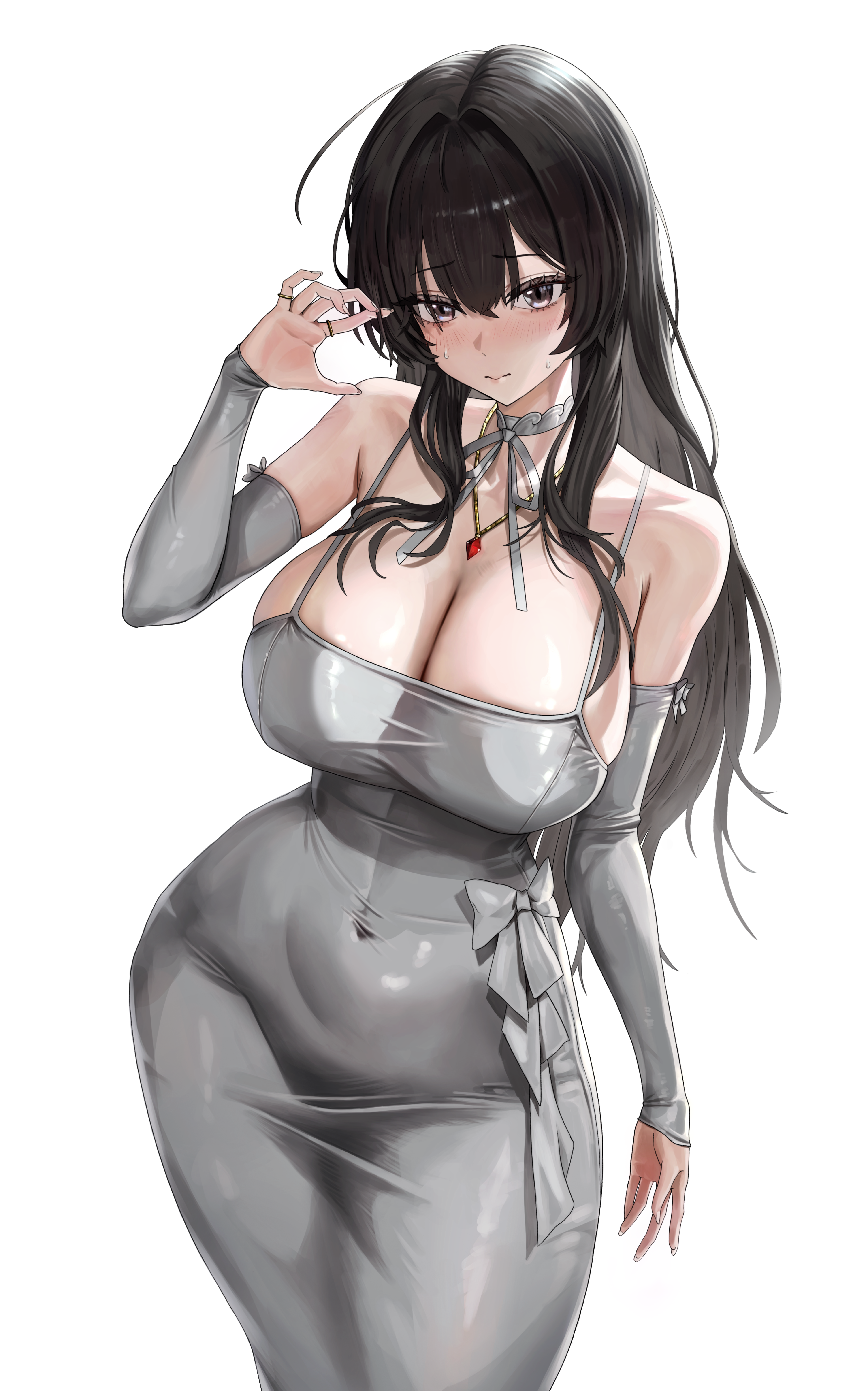 dalman, original, absurdres, highres, 1girl, bare shoulders, black hair, blush, breasts, cleavage, covered navel, detached sleeves, dress, jewelry, large breasts, long hair, looking at viewer, necklace, ring, simple background, skin tight, smile, solo, white background, white dress