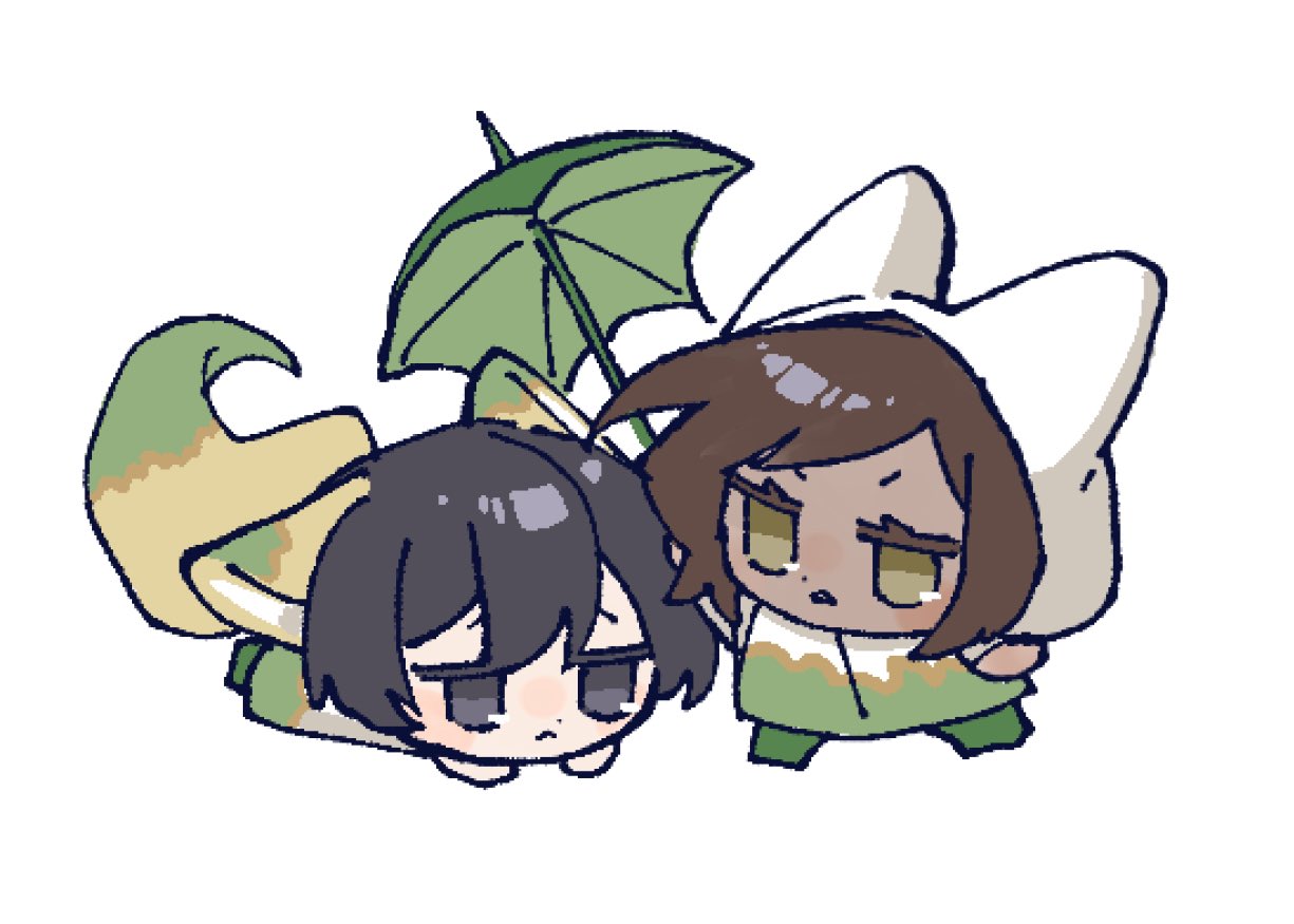 nantekottawo!!, outis (project moon), yi sang (project moon), limbus company, project moon, 1boy, 1girl, animal ears, black eyes, black hair, brown hair, chibi, e.g.o (project moon), fox ears, fox tail, holding, holding umbrella, hood, open mouth, raincoat, short hair, sunshower (e.g.o), tail, umbrella, white raincoat